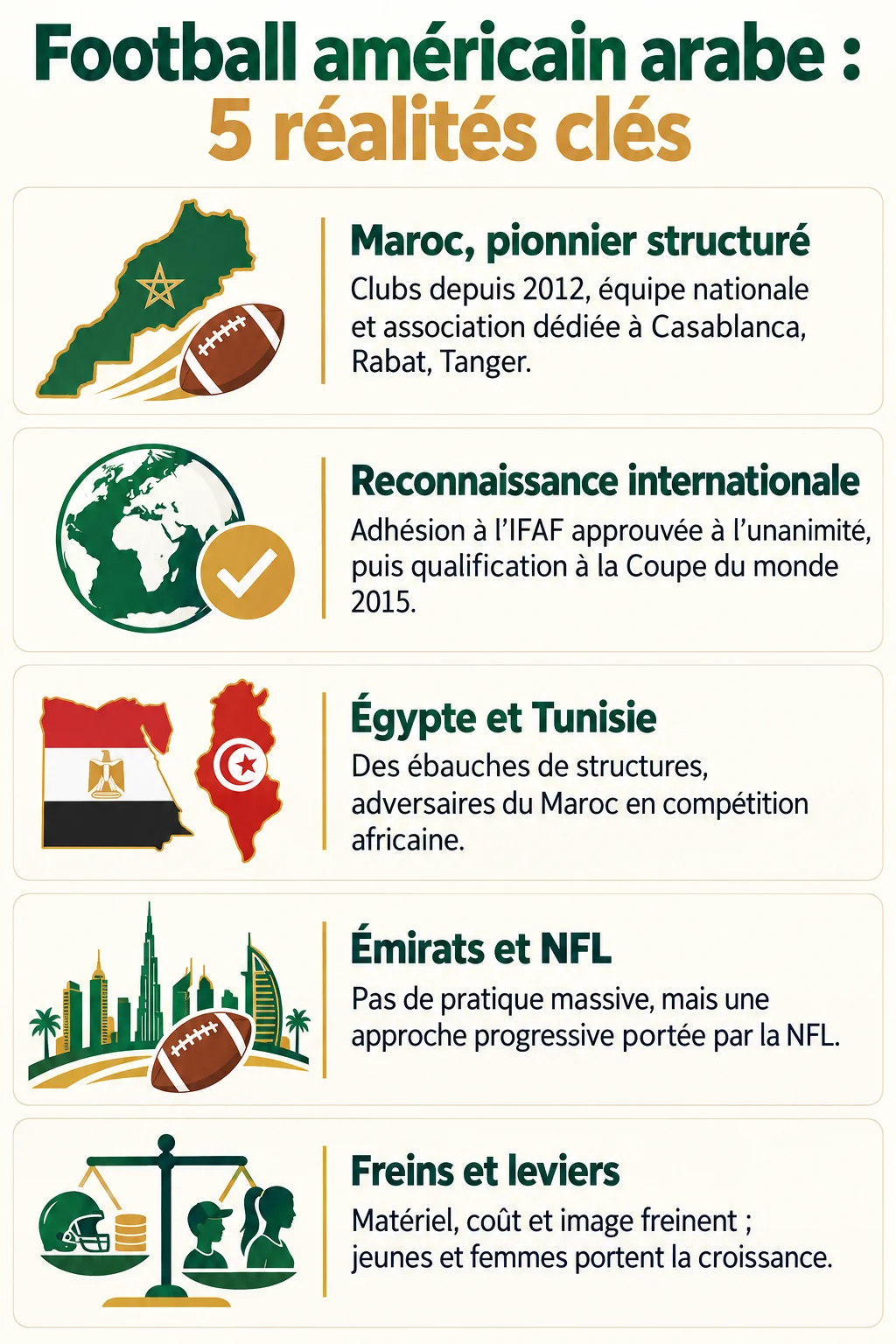 Football américain arabe : 5 réalités clés : Maroc, pionnier structuré, Reconnaissance internationale, Égypte et Tunisie, Émirats et NFL, Freins et leviers