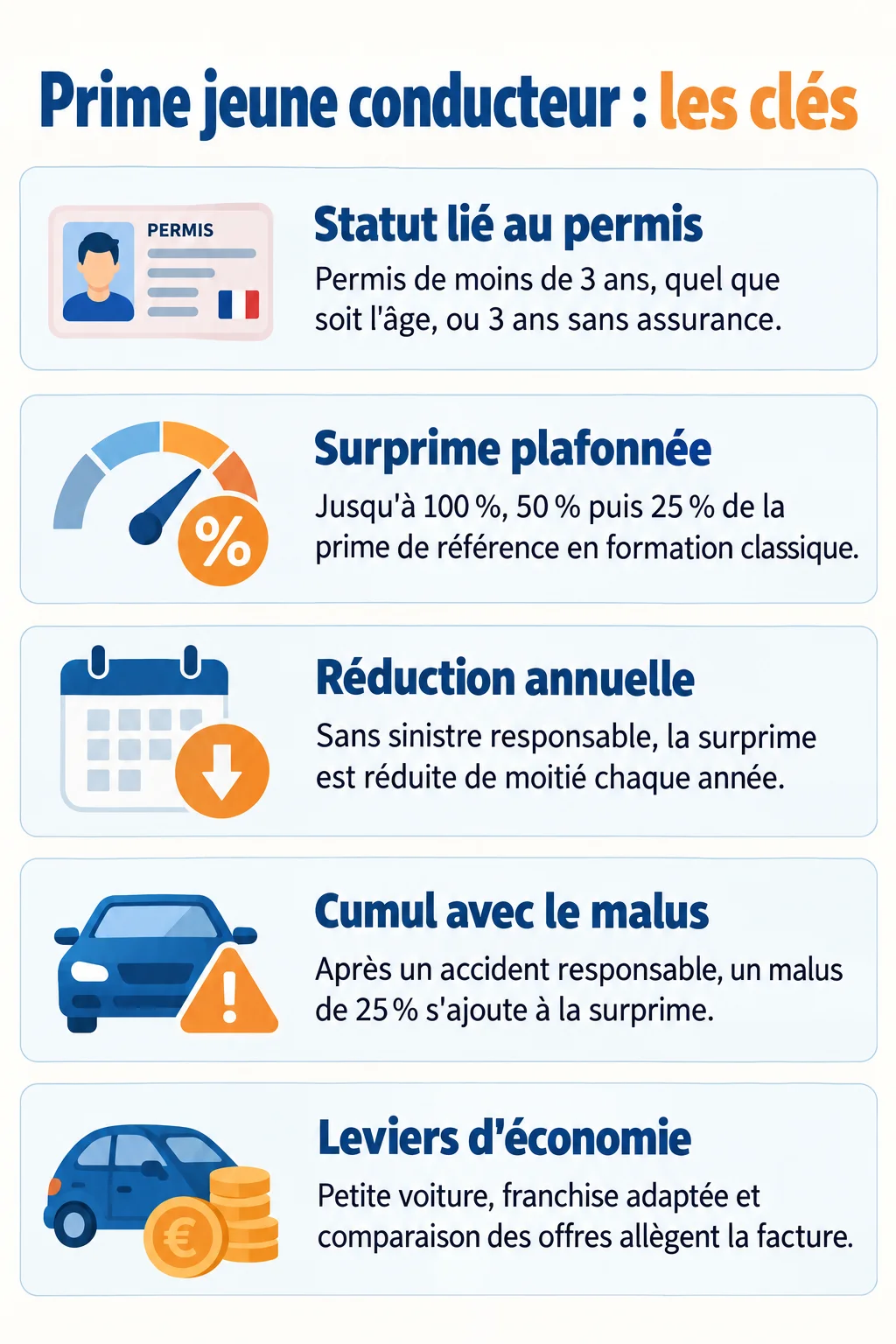 Prime jeune conducteur : les clés : Statut lié au permis, Surprime plafonnée, Réduction annuelle, Cumul avec le malus, Leviers d'économie