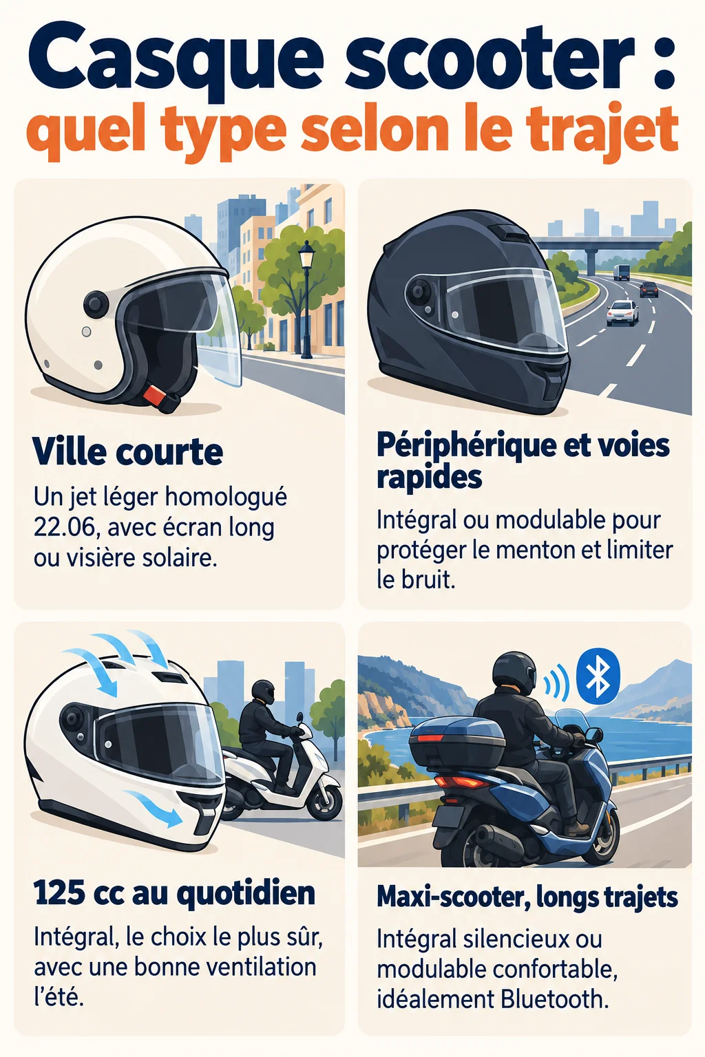 Casque scooter : quel type selon le trajet : Ville courte, Périphérique et voies rapides, 125 cc au quotidien, Maxi-scooter, longs trajets