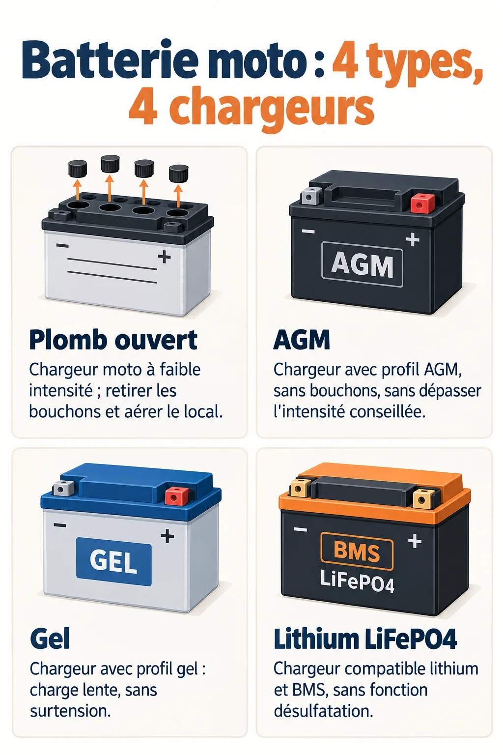 Batterie moto : 4 types, 4 chargeurs : Plomb ouvert, AGM, Gel, Lithium LiFePO4