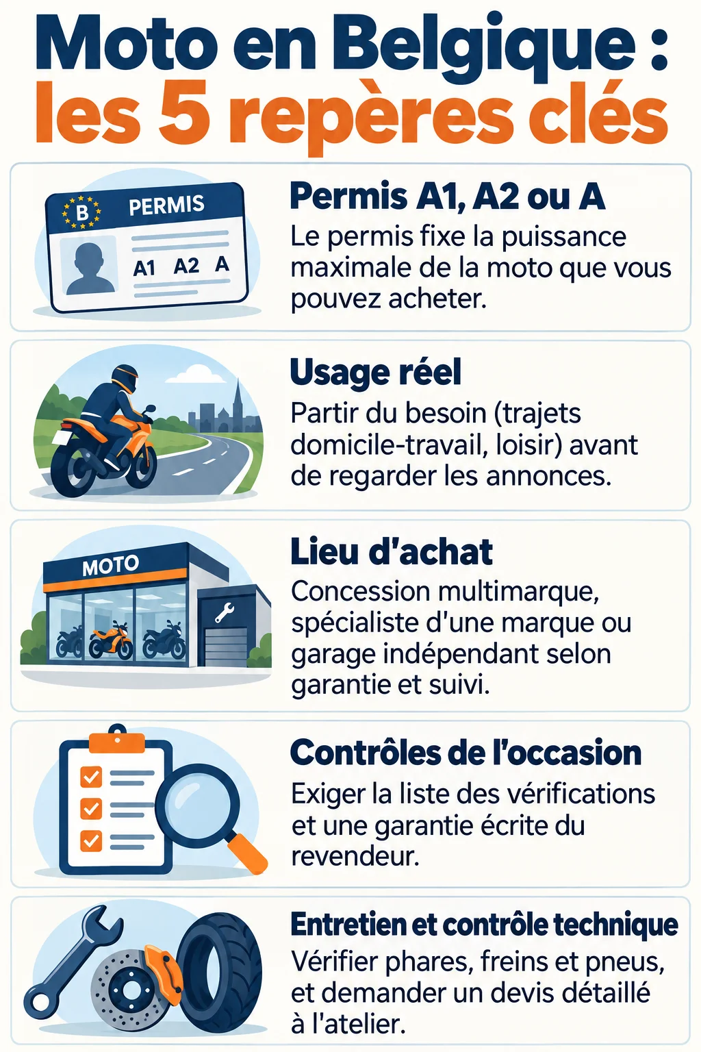 Moto en Belgique : les 5 repères clés : Permis A1, A2 ou A, Usage réel, Lieu d'achat, Contrôles de l'occasion, Entretien et contrôle technique