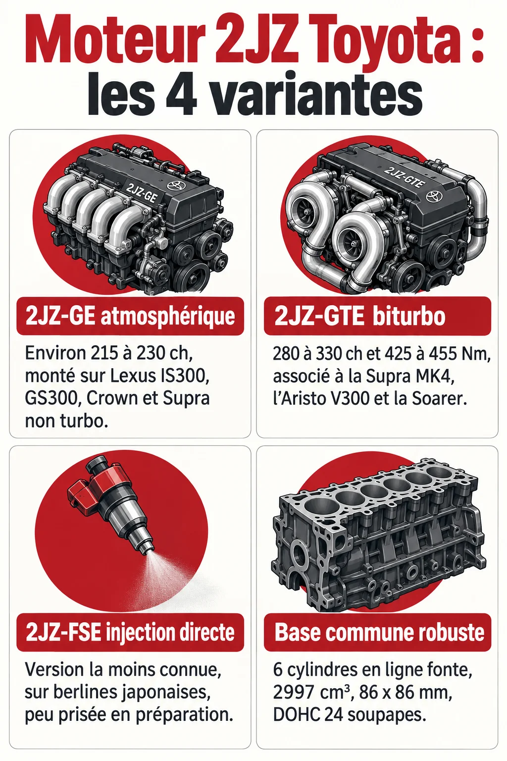 Moteur 2JZ Toyota : les 4 variantes : 2JZ-GE atmosphérique, 2JZ-GTE biturbo, 2JZ-FSE injection directe, Base commune robuste