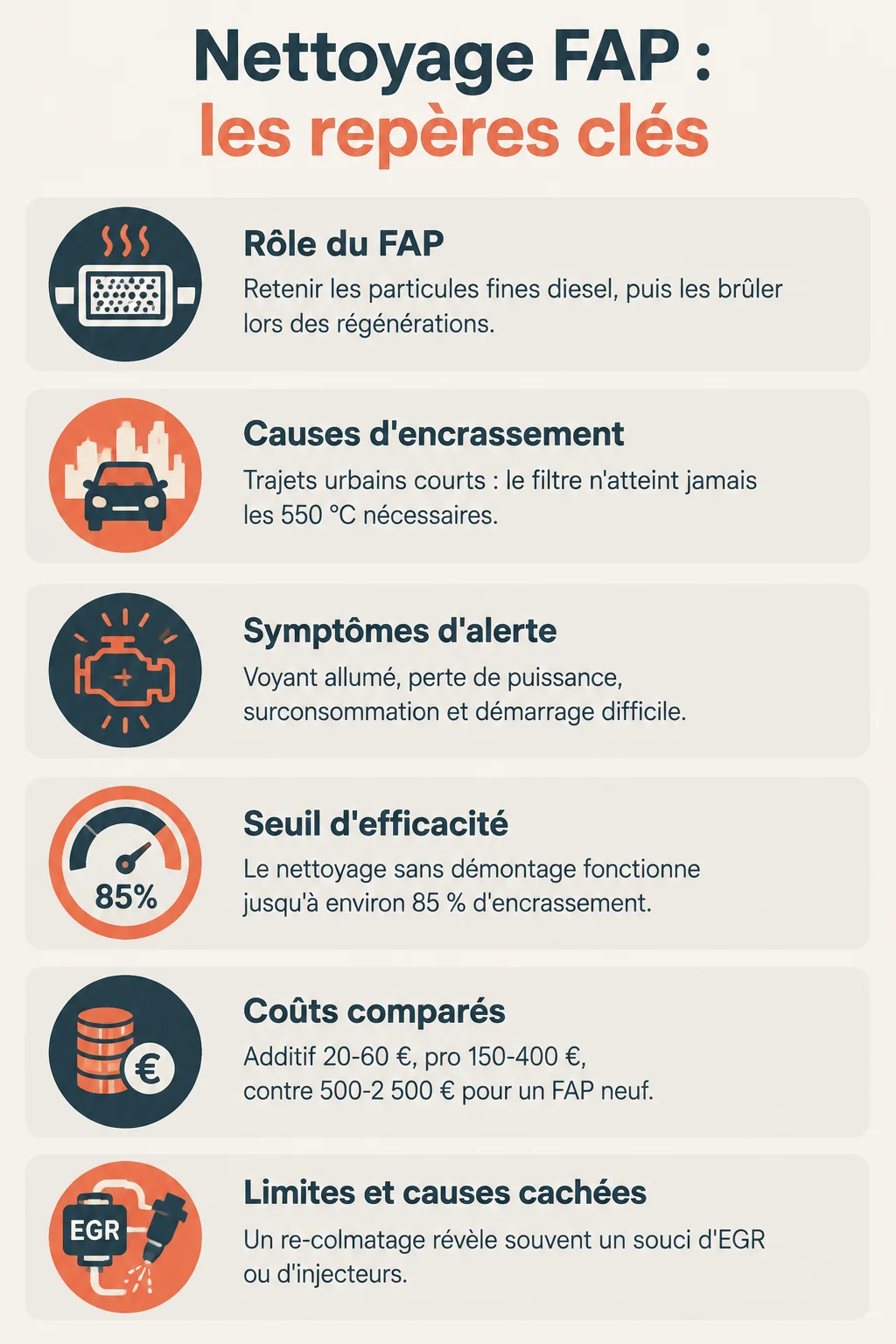 Nettoyage FAP : les repères clés : Rôle du FAP, Causes d'encrassement, Symptômes d'alerte, Seuil d'efficacité, Coûts comparés, Limites et causes cachées