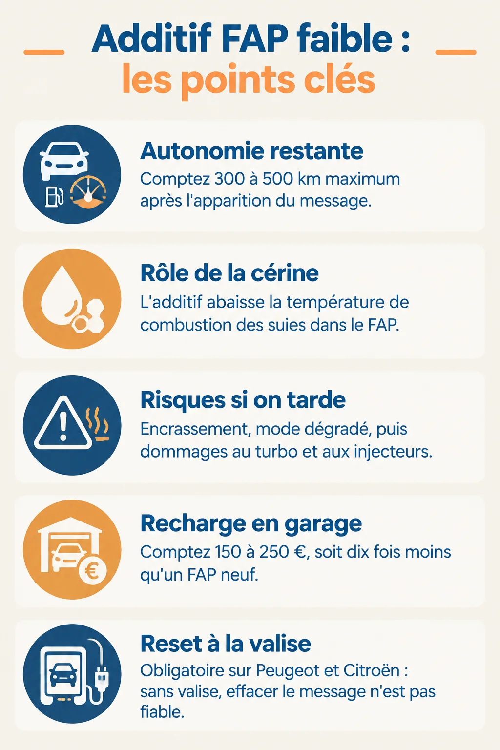 Additif FAP faible : les points clés : Autonomie restante, Rôle de la cérine, Risques si on tarde, Recharge en garage, Reset à la valise