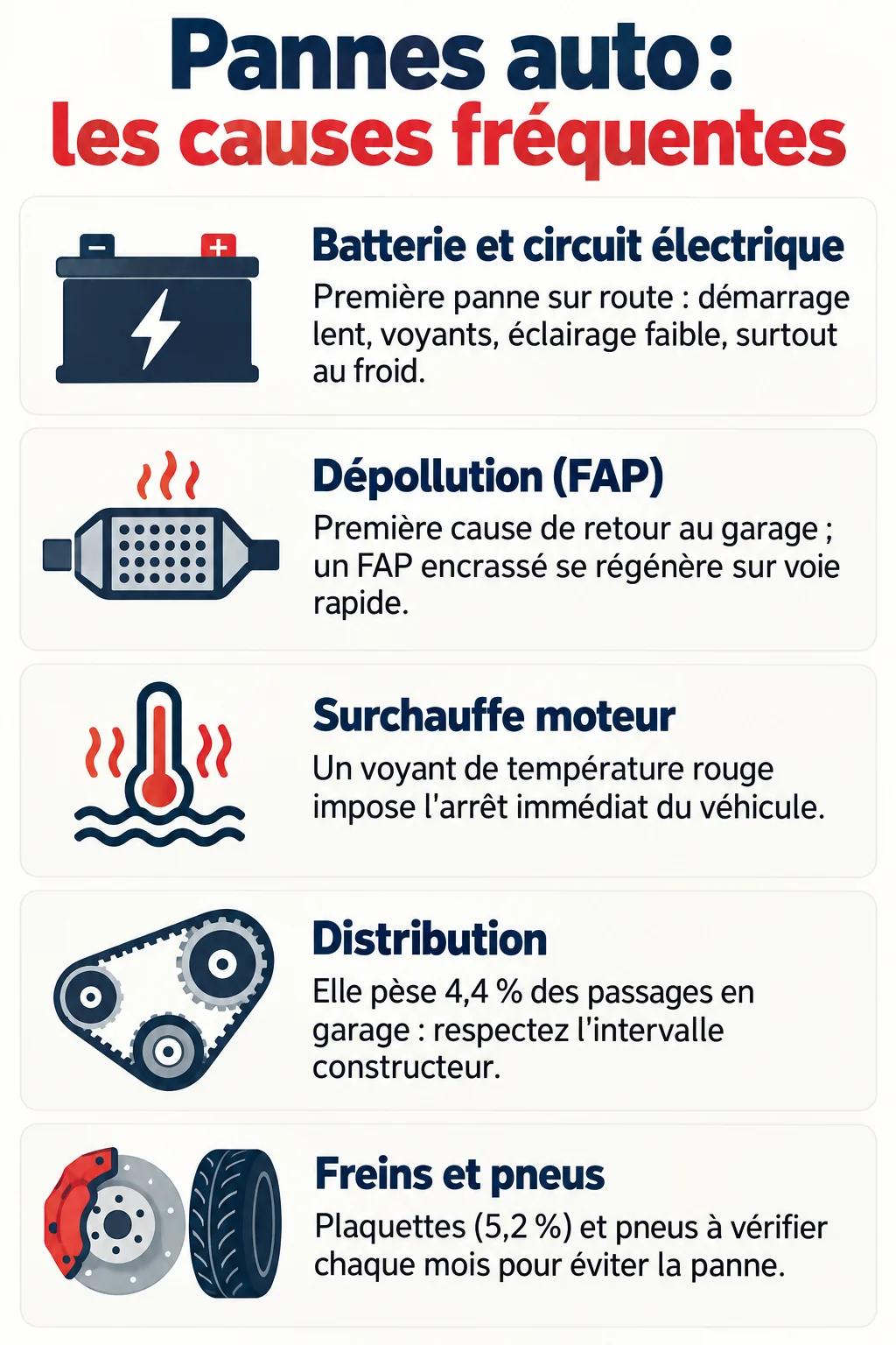 Pannes auto : les causes fréquentes : Batterie et circuit électrique, Dépollution (FAP), Surchauffe moteur, Distribution, Freins et pneus