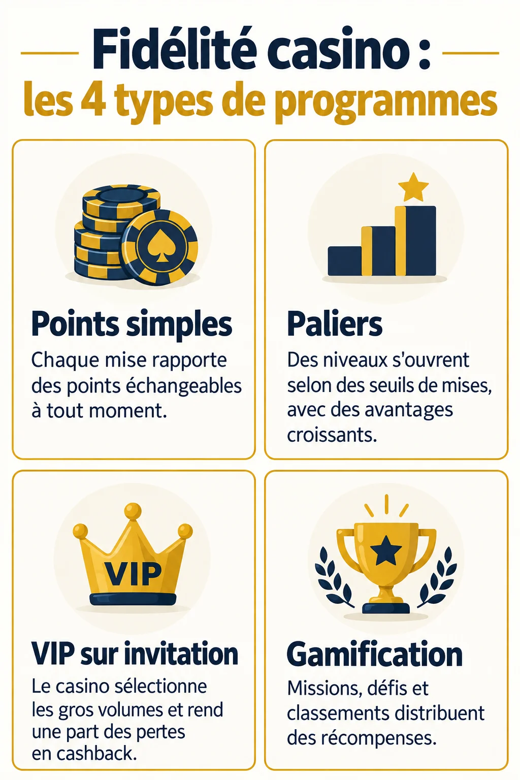 Fidélité casino : les 4 types de programmes : Points simples, Paliers, VIP sur invitation, Gamification