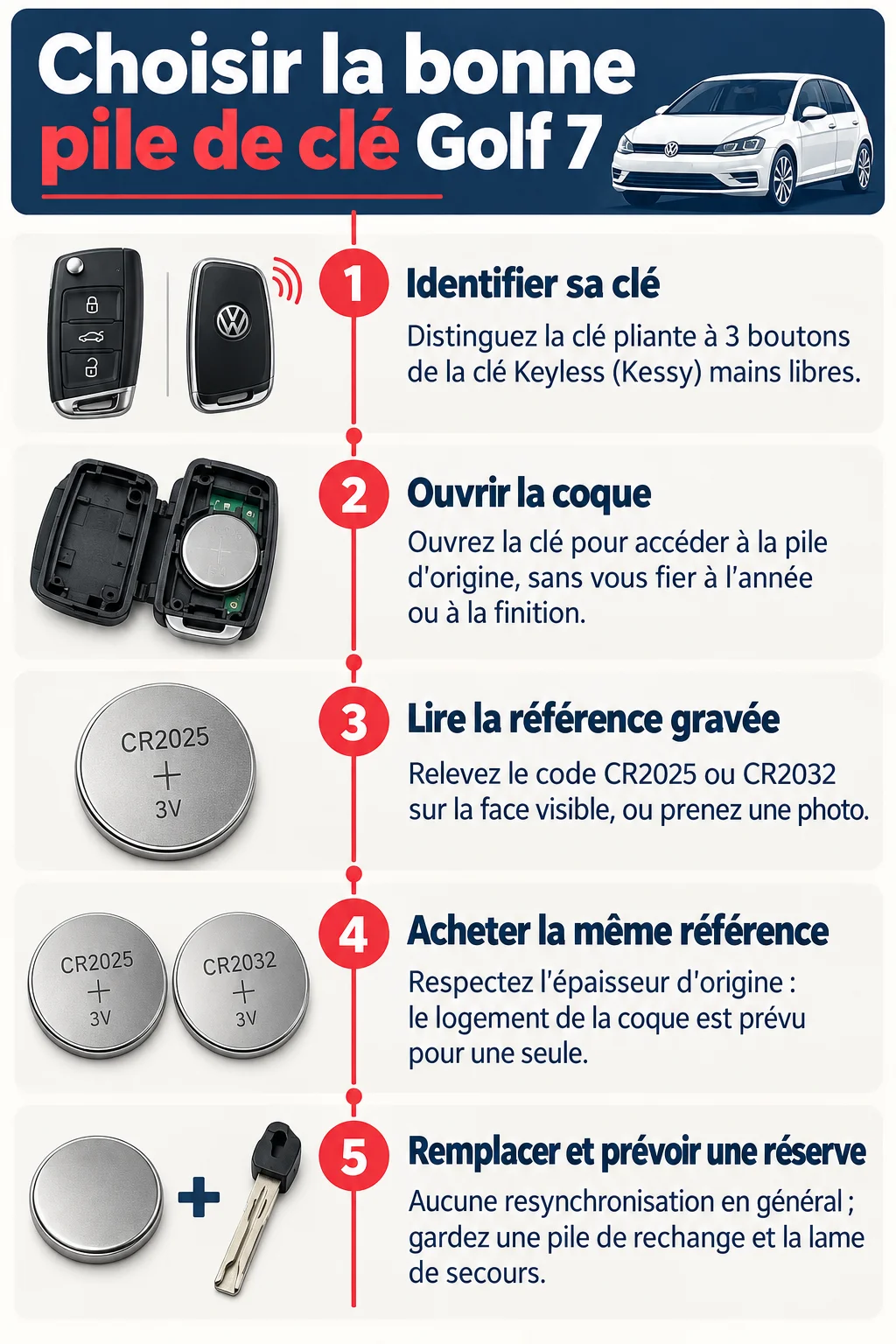 Choisir la bonne pile de clé Golf 7 : 1. Identifier sa clé, 2. Ouvrir la coque, 3. Lire la référence gravée, 4. Acheter la même référence, 5. Remplacer et prévoir une réserve