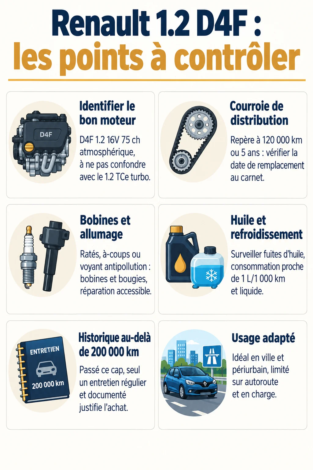 Renault 1.2 D4F : les points à contrôler : Identifier le bon moteur, Courroie de distribution, Bobines et allumage, Huile et refroidissement, Historique au-delà de 200 000 km, Usage adapté