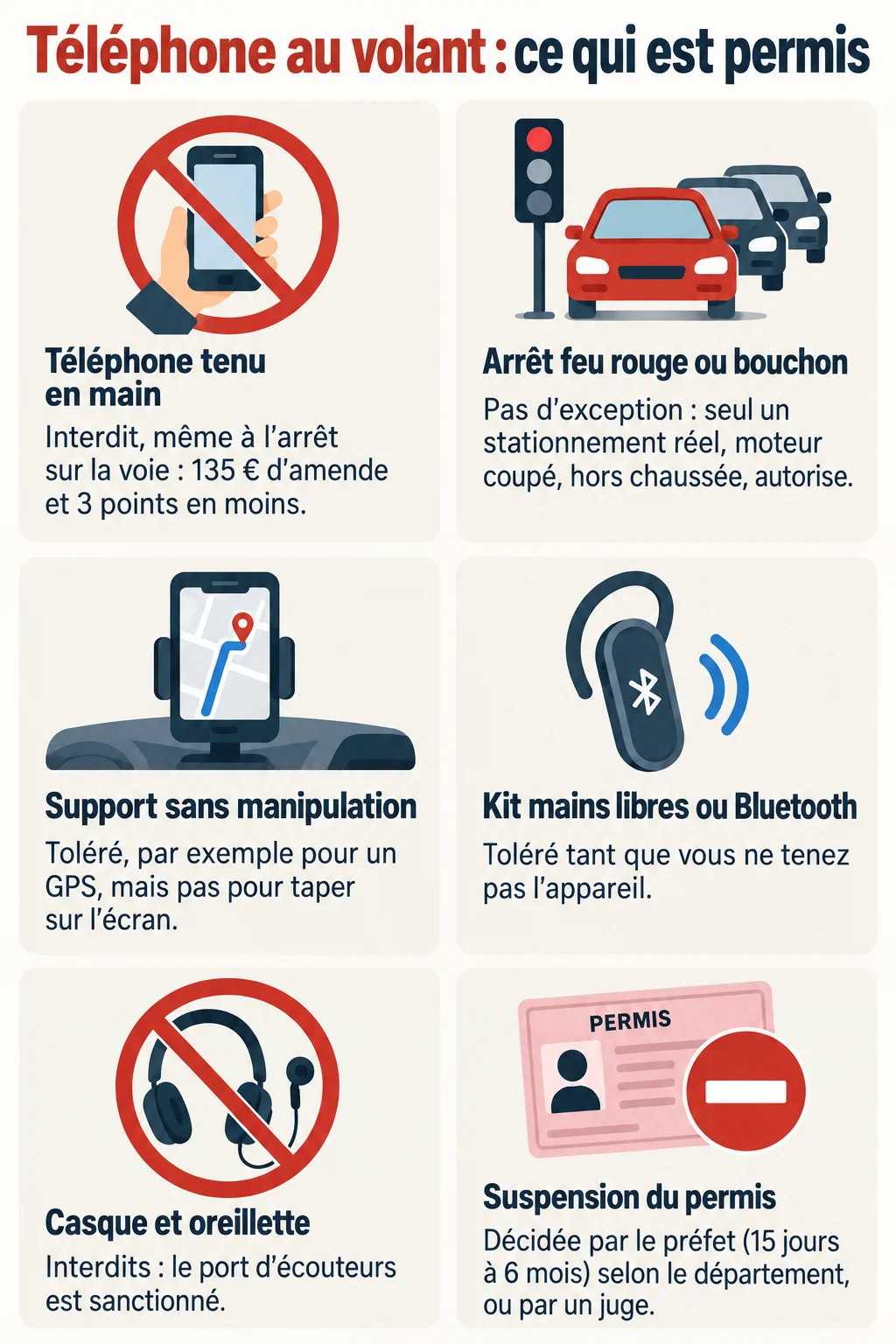 Téléphone au volant : ce qui est permis : Téléphone tenu en main, Arrêt feu rouge ou bouchon, Support sans manipulation, Kit mains libres ou Bluetooth, Casque et oreillette, Suspension du permis