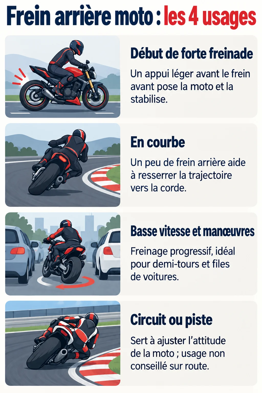 Frein arrière moto : les 4 usages : Début de forte freinade, En courbe, Basse vitesse et manœuvres, Circuit ou piste