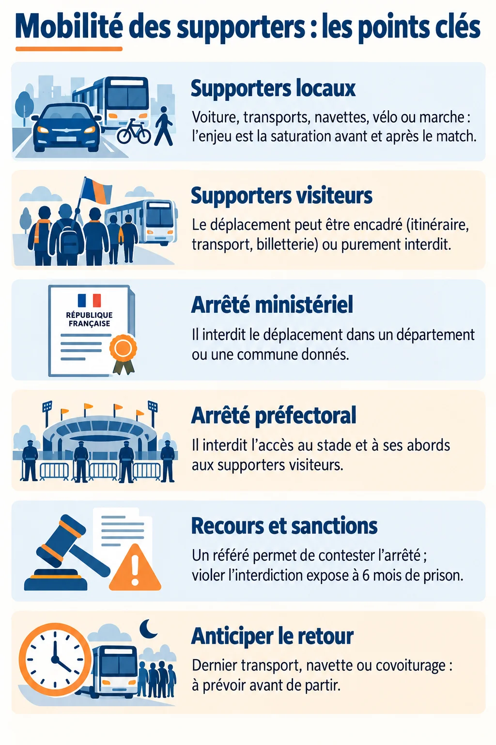 Mobilité des supporters : les points clés : Supporters locaux, Supporters visiteurs, Arrêté ministériel, Arrêté préfectoral, Recours et sanctions, Anticiper le retour