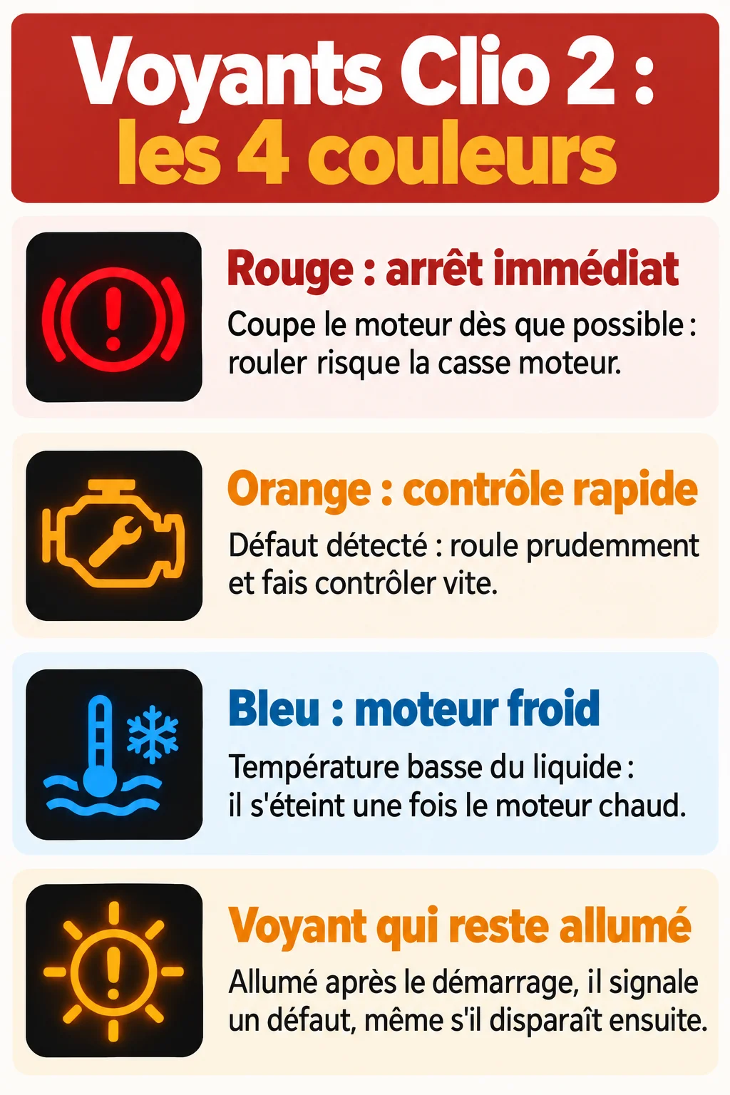 Voyants Clio 2 : les 4 couleurs : Rouge : arrêt immédiat, Orange : contrôle rapide, Bleu : moteur froid, Voyant qui reste allumé