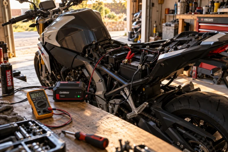 Chargeur branché sur la batterie d'une moto dans un garage, multimètre à côté