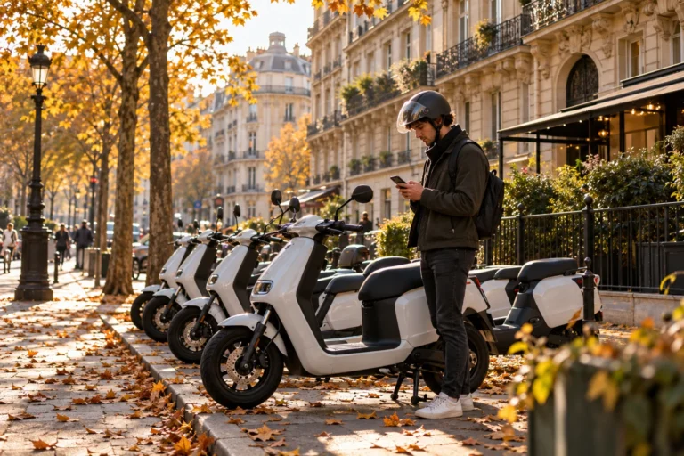 Scooters électriques en libre-service garés dans une rue de Paris, utilisateur consultant son smartphone
