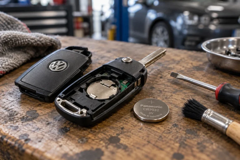 Clé de Golf 7 ouverte avec sa pile bouton et un petit outil posés sur un établi