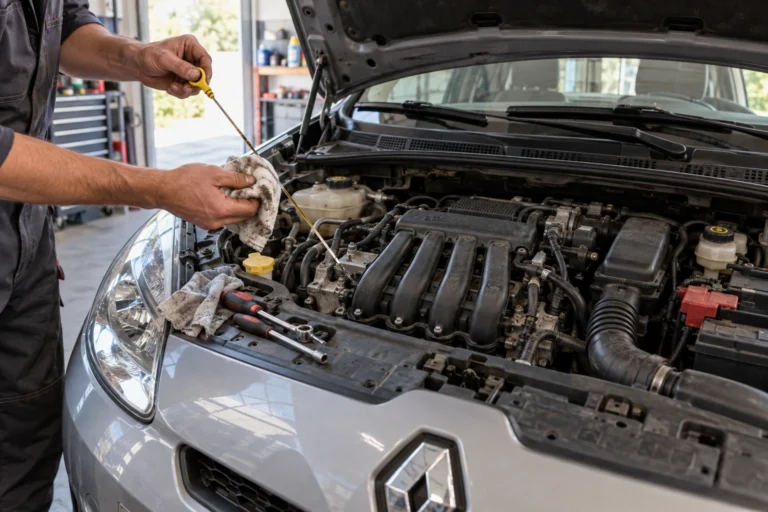 Mécanicien contrôlant le niveau d'huile du moteur 1.2 16V 75 ch d'une Renault Clio III