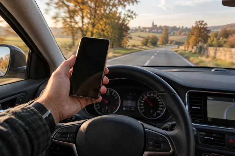 Conducteur tenant un smartphone en main au volant d'une voiture sur une route de campagne