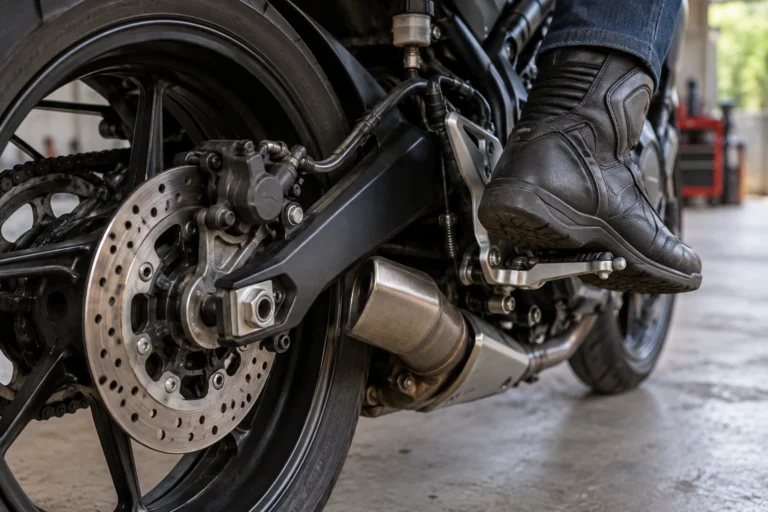 Pédale et disque de frein arrière d'une moto routière avec le pied d'un motard posé dessus