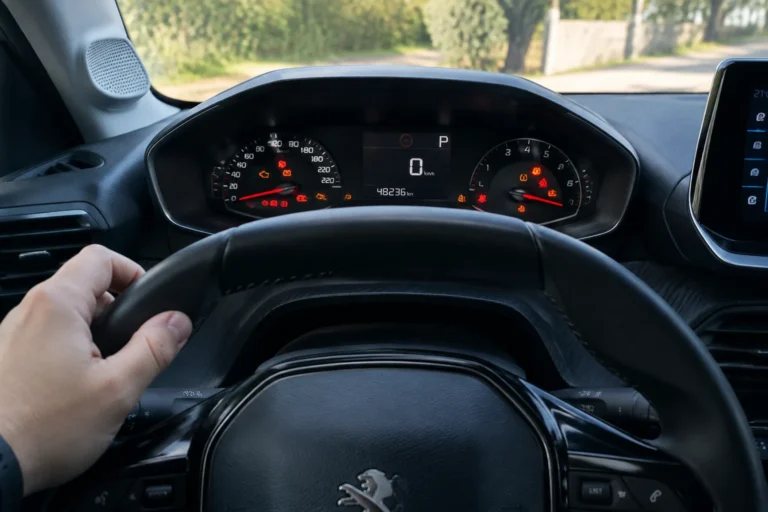 Tableau de bord d’une Peugeot 208 avec des voyants orange et rouge allumés devant le conducteur
