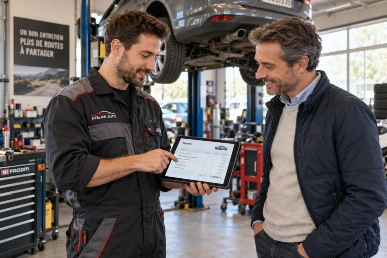 Garagiste présentant un devis sur tablette à un client dans un atelier automobile
